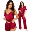 image:imageSWOMOG Womens Silk Satin Pajamas Sets 4pcs Sleepwear Sexy Cami Shorts Set and Button Down Short Sleeve Pjs LoungewearRed