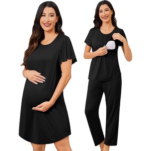 image:imageSWOMOG 3PCS Maternity Nursing Nightgown amp Pajamas Set Short Sleeve Pjs for Breastfeeding Hospital Pregnancy Lounge SetsBlack