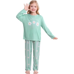 image:imageSWOMOG Girls Pajama Set Short Sleeve Tops amp Ruffled Shorts with Pocket 2 Piece Summer Pajamas for Kids Size 615Green Flroal Daisy