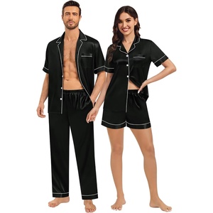 image:imageSWOMOG Matching Pajamas for Couples Satin Short Sleeve Sleepwear WomenMen Silk Soft Button Down Nightwear 2 Pcs LoungewearBlack