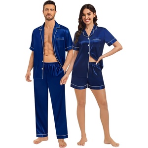 image:imageSWOMOG Matching Pajamas for Couples Satin Short Sleeve Sleepwear WomenMen Silk Soft Button Down Nightwear 2 Pcs LoungewearNavy Blue