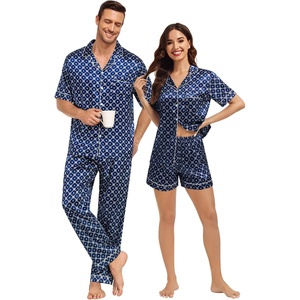 image:imageSWOMOG Matching Pajamas for Couples Satin Short Sleeve Sleepwear WomenMen Silk Soft Button Down Nightwear 2 Pcs LoungewearNavy Blue Flower