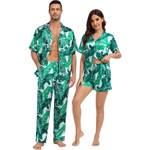 image:imageSWOMOG Matching Pajamas for Couples Satin Short Sleeve Sleepwear WomenMen Silk Soft Button Down Nightwear 2 Pcs LoungewearWhite Leaves