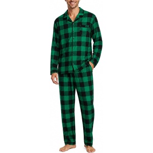 image:imageSWOMOG Mens Christmas Pajamas Sets Long Sleeve Button Down Pjs Mens Sleepwear Soft 2 Pcs Loungewear Nightwear with PocketsBlack Green Grid