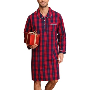 image:imageSWOMOG Mens Nightshirt 100 Cotton Long Sleeve Sleep Shirt Button Down Nightgown Soft Sleepwear Comfy Nightwear SXXXLRed Blue Grid
