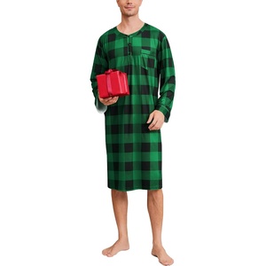 image:imageSWOMOG Mens Nightshirt Long Sleeve Nightgown Soft Loose Sleepwear Comfy Big amp Tall Henley Sleep Shirt for Sleeping SXXLGreen With Black Grid