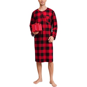 image:imageSWOMOG Mens Nightshirt Long Sleeve Nightgown Soft Loose Sleepwear Comfy Big amp Tall Henley Sleep Shirt for Sleeping SXXLRed With Black Grid
