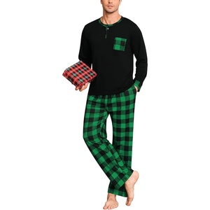 image:imageSWOMOG Mens Pajamas Set Long Sleeve Mens Sleepwear Pj Sets Henley Shirts and Pants Soft 2 Pcs Lounge Sets with PocketsBlack Green Grid