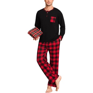 image:imageSWOMOG Mens Pajamas Set Long Sleeve Mens Sleepwear Pj Sets Henley Shirts and Pants Soft 2 Pcs Lounge Sets with PocketsRed Black Grid