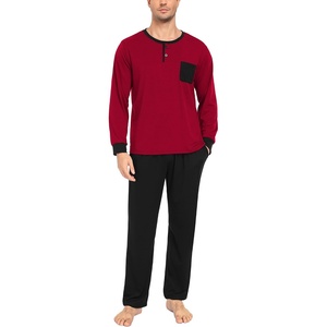 image:imageSWOMOG Mens Pajamas Set Long Sleeve Mens Sleepwear Pj Sets Henley Shirts and Pants Soft 2 Pcs Lounge Sets with PocketsWine Red