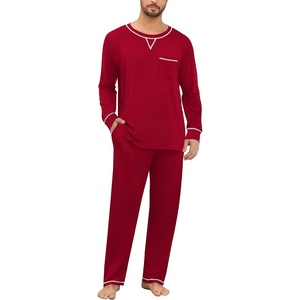 image:imageSWOMOG Mens Pajamas Set Modal Long Sleeve Sleepwear Crew Neck Pjs 2 Piece Loungewear Nightshirt Top amp Pants with PocketsRed