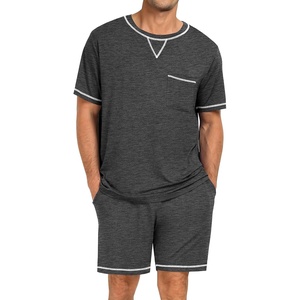 image:imageSWOMOG Mens Pajamas Set Summer Sleepwear Short Sleeve Pjs Set Soft 2 Piece Lounge Set Comfy Loungewear with PocketsDeep Grey