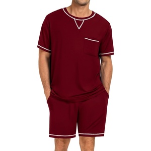 image:imageSWOMOG Mens Pajamas Set Summer Sleepwear Short Sleeve Pjs Set Soft 2 Piece Lounge Set Comfy Loungewear with PocketsDeep Wine Red