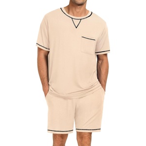image:imageSWOMOG Mens Pajamas Set Summer Sleepwear Short Sleeve Pjs Set Soft 2 Piece Lounge Set Comfy Loungewear with PocketsKhaki