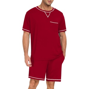 image:imageSWOMOG Mens Pajamas Set Summer Sleepwear Short Sleeve Pjs Set Soft 2 Piece Lounge Set Comfy Loungewear with PocketsRed