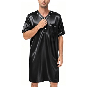 image:imageSWOMOG Mens Silk Satin Nightshirt Short Sleeve Loose Henley Sleep Shirt Comfy Nightgown Big amp Tall Men SleepwearBlack