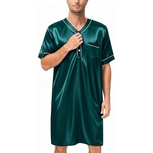 image:imageSWOMOG Mens Silk Satin Nightshirt Short Sleeve Loose Henley Sleep Shirt Comfy Nightgown Big amp Tall Men SleepwearDeep Green