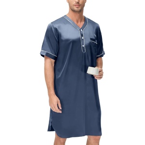 image:imageSWOMOG Mens Silk Satin Nightshirt Short Sleeve Loose Henley Sleep Shirt Comfy Nightgown Big amp Tall Men SleepwearDeep Grey