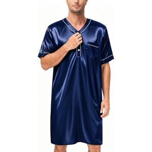image:imageSWOMOG Mens Silk Satin Nightshirt Short Sleeve Loose Henley Sleep Shirt Comfy Nightgown Big amp Tall Men SleepwearDeep Navy Blue