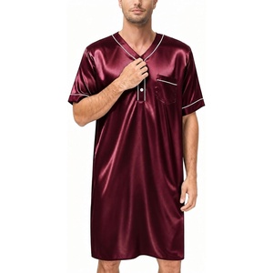 image:imageSWOMOG Mens Silk Satin Nightshirt Short Sleeve Loose Henley Sleep Shirt Comfy Nightgown Big amp Tall Men SleepwearDeep Wine Red