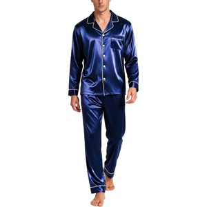 image:imageSWOMOG Mens Silk Satin Pajamas Set Long Sleeve Sleepwear ButtonDown Pj Twopiece Loungewear with Long Pants SXXLDeep Navy Blue