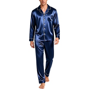 image:imageSWOMOG Mens Silk Satin Pajamas Set Long Sleeve Sleepwear ButtonDown Pj Twopiece Loungewear with Long Pants SXXLNavy Blue