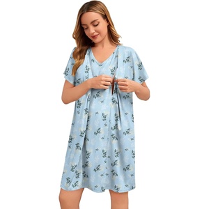 image:imageSWOMOG Nursing Nightgown 3 in 1 Labor and Delivery Hospital Gown Maternity Dress Short Sleeve Birthing Robe for BreastfeedingBlue White Flowers