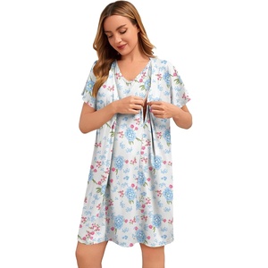 image:imageSWOMOG Nursing Nightgown 3 in 1 Labor and Delivery Hospital Gown Maternity Dress Short Sleeve Birthing Robe for BreastfeedingWhite Blue Flowers