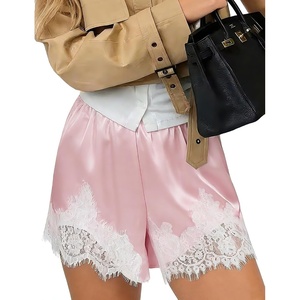 image:imageSWOMOG Satin Silk Lace Shorts for Women Lace Trim Micro Mini Shorts Slip Pj Bottoms Knickers BoxerPink