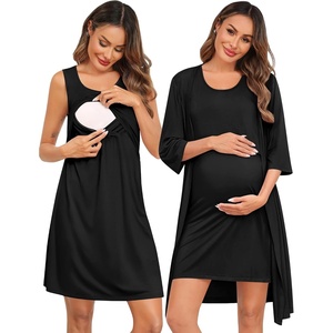image:imageSWOMOG Women Maternity Nursing Gown and 34 Sleeve Robe Set Labor Delivery Nightgown Breastfeeding Hospital BathrobeBlack