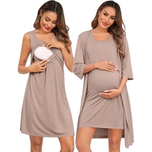 image:imageSWOMOG Women Maternity Nursing Gown and 34 Sleeve Robe Set Labor Delivery Nightgown Breastfeeding Hospital BathrobeLight Brown