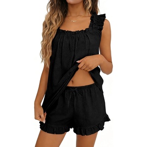 image:imageSWOMOG Women Pajama Sets 2 Pcs Ruffle Pjs Bridal Pajamas for Women Sleepwear Set with Tank Tops and ShortsBlack