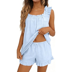 image:imageSWOMOG Women Pajama Sets 2 Pcs Ruffle Pjs Bridal Pajamas for Women Sleepwear Set with Tank Tops and ShortsBlue