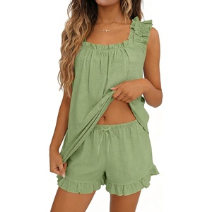 image:imageSWOMOG Women Pajama Sets 2 Pcs Ruffle Pjs Bridal Pajamas for Women Sleepwear Set with Tank Tops and ShortsGreen