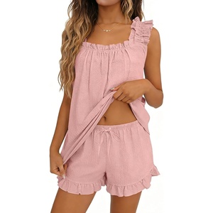 image:imageSWOMOG Women Pajama Sets 2 Pcs Ruffle Pjs Bridal Pajamas for Women Sleepwear Set with Tank Tops and ShortsPink