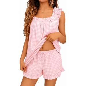 image:imageSWOMOG Women Pajama Sets 2 Pcs Ruffle Pjs Bridal Pajamas for Women Sleepwear Set with Tank Tops and ShortsPink Plaid