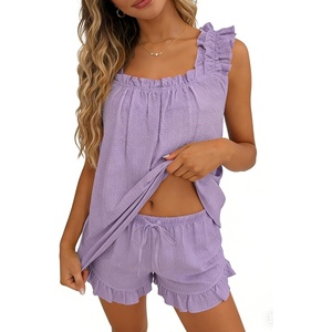 image:imageSWOMOG Women Pajama Sets 2 Pcs Ruffle Pjs Bridal Pajamas for Women Sleepwear Set with Tank Tops and ShortsPurple