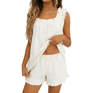image:imageSWOMOG Women Pajama Sets 2 Pcs Ruffle Pjs Bridal Pajamas for Women Sleepwear Set with Tank Tops and ShortsWhite