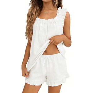 image:imageSWOMOG Women Pajama Sets 2 Pcs Ruffle Pjs Bridal Pajamas for Women Sleepwear Set with Tank Tops and ShortsWhite1