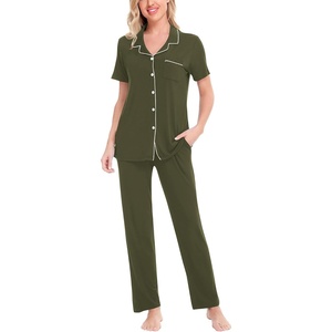 image:imageSWOMOG Women Pajama Sets TwoPiece Nightwear Short Sleeve Sleepwear Button Down Pj Lounge Sets with Long PantsArmy Green