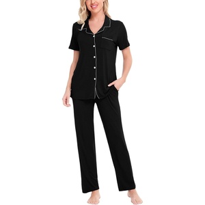 image:imageSWOMOG Women Pajama Sets TwoPiece Nightwear Short Sleeve Sleepwear Button Down Pj Lounge Sets with Long PantsBlack