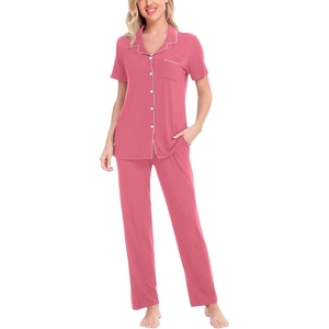 image:imageSWOMOG Women Pajama Sets TwoPiece Nightwear Short Sleeve Sleepwear Button Down Pj Lounge Sets with Long PantsCoral