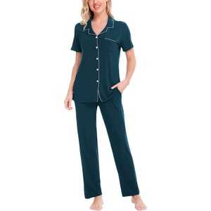 image:imageSWOMOG Women Pajama Sets TwoPiece Nightwear Short Sleeve Sleepwear Button Down Pj Lounge Sets with Long PantsDark Blue