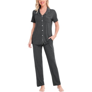 image:imageSWOMOG Women Pajama Sets TwoPiece Nightwear Short Sleeve Sleepwear Button Down Pj Lounge Sets with Long PantsDark Gray