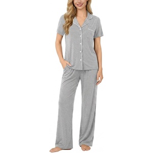 image:imageSWOMOG Women Pajama Sets TwoPiece Nightwear Short Sleeve Sleepwear Button Down Pj Lounge Sets with Long PantsGray