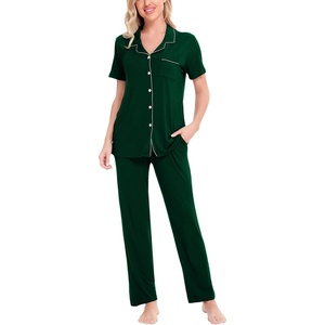 image:imageSWOMOG Women Pajama Sets TwoPiece Nightwear Short Sleeve Sleepwear Button Down Pj Lounge Sets with Long PantsGreen