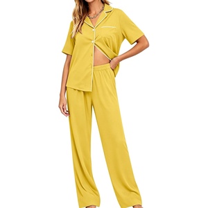 image:imageSWOMOG Women Pajama Sets TwoPiece Nightwear Short Sleeve Sleepwear Button Down Pj Lounge Sets with Long PantsPale Yellow