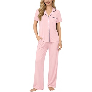 image:imageSWOMOG Women Pajama Sets TwoPiece Nightwear Short Sleeve Sleepwear Button Down Pj Lounge Sets with Long PantsPink