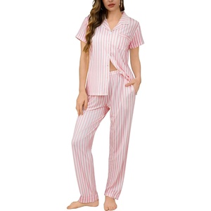 image:imageSWOMOG Women Pajama Sets TwoPiece Nightwear Short Sleeve Sleepwear Button Down Pj Lounge Sets with Long PantsPink Striped