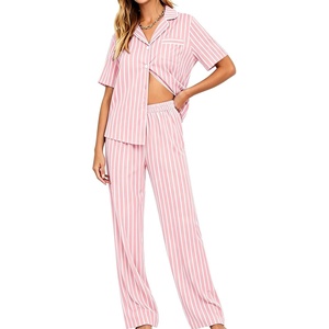 image:imageSWOMOG Women Pajama Sets TwoPiece Nightwear Short Sleeve Sleepwear Button Down Pj Lounge Sets with Long PantsPink White Stripe